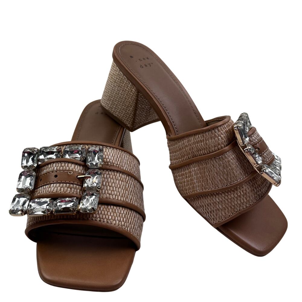 A New Day Raffia Woven Crystal Buckle Detail Square Toe Mules Women's Size 7